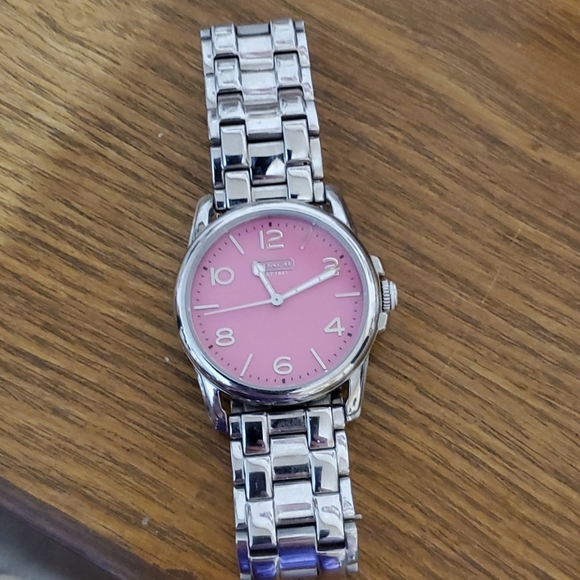 Coach EUC LADIES Silver-Tone/pink face watch.